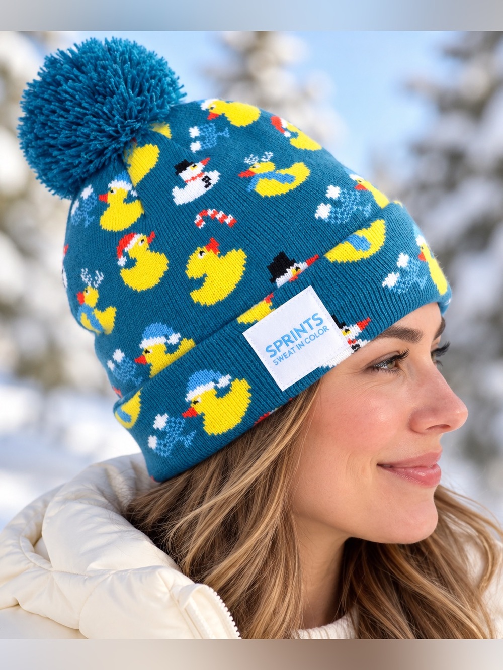 Sprints Get Ducked Teal Rubber Duck Pom-Pom Knit Winter Beanie Hat